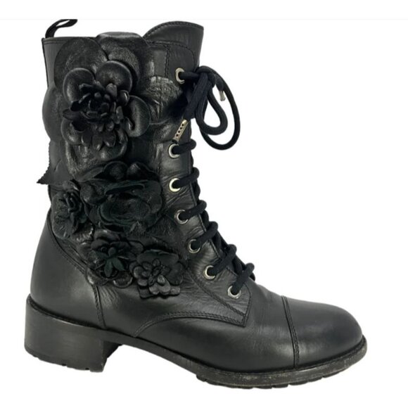 Valentino Garavani Shoes - Valentino Garavani Black Leather Floral Applique Combat Boots Women's Size 6